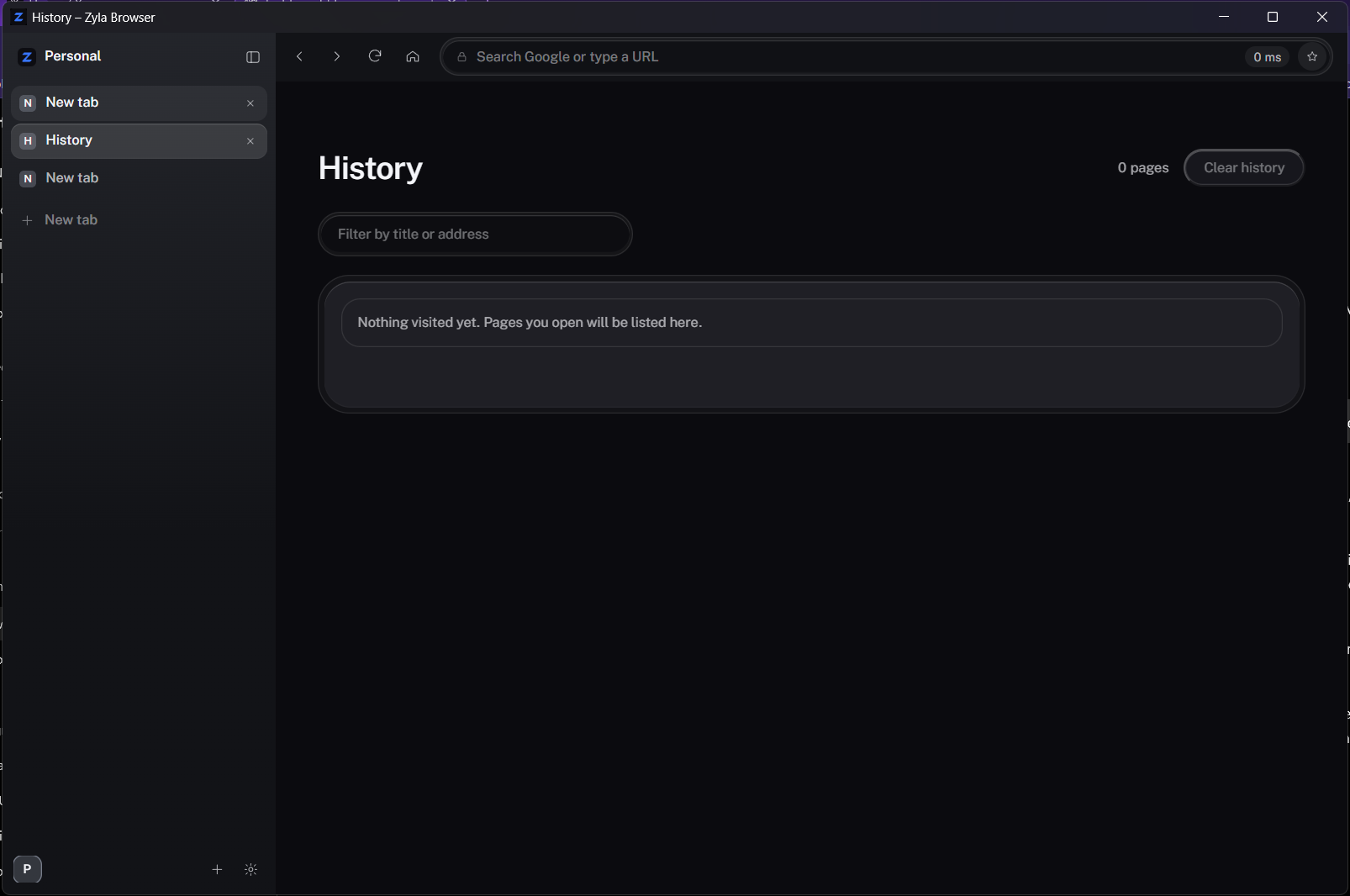 Zyla's History page open in a tab, with the sidebar tabs on the left