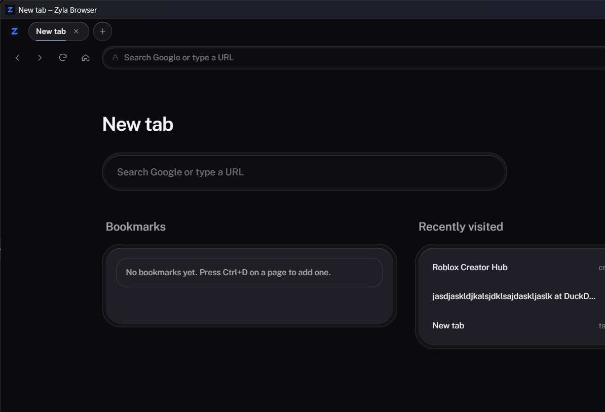 Zyla's tab strip above the toolbar, with a new-tab page below