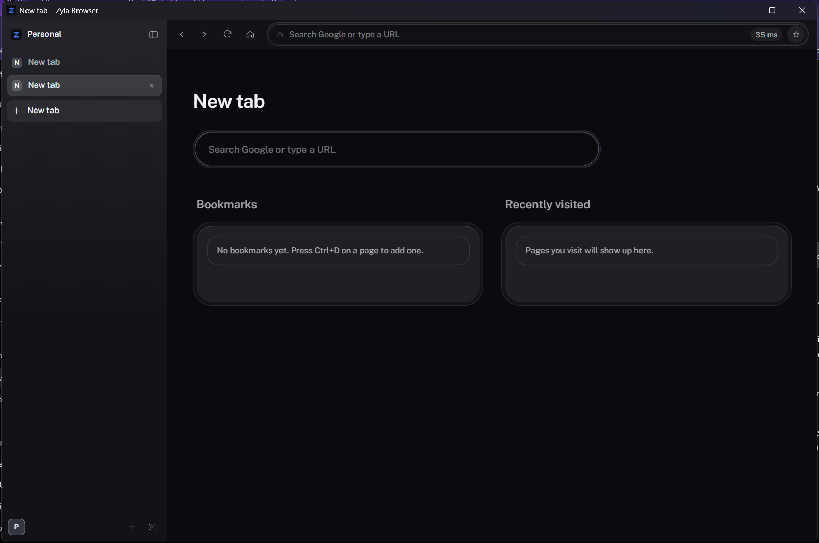 Zyla with three tabs listed in the sidebar, the last one just opened