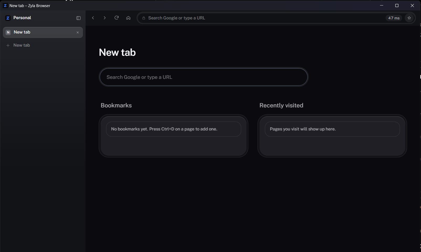 Zyla Browser's new-tab page with the sidebar, bookmarks and recently visited pages